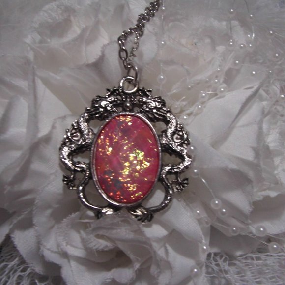 PINK RAINBOW OPAL Dragon setting Necklace Cameo - Picture 3 of 4